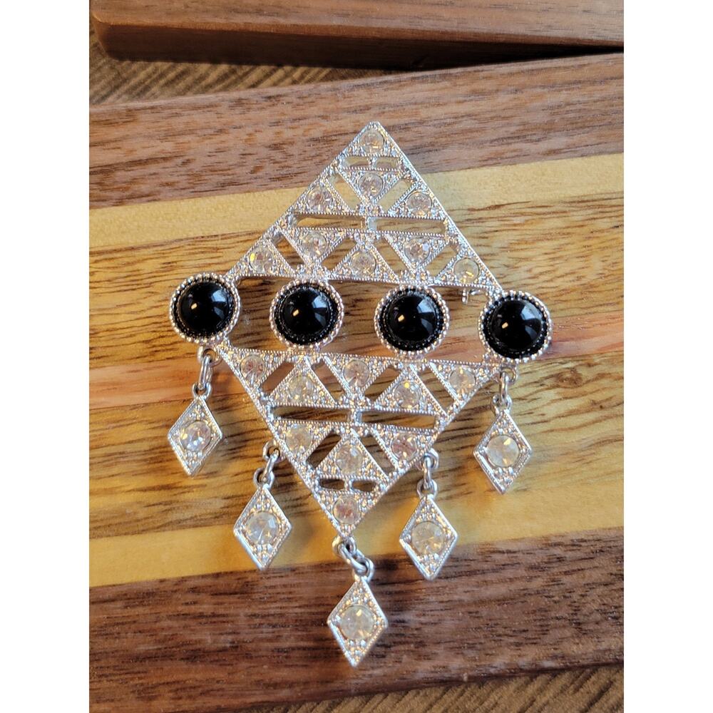 Sarah Coventry Black Lucite Cab Clear Rhinestone Art Deco Style Operetta Brooch